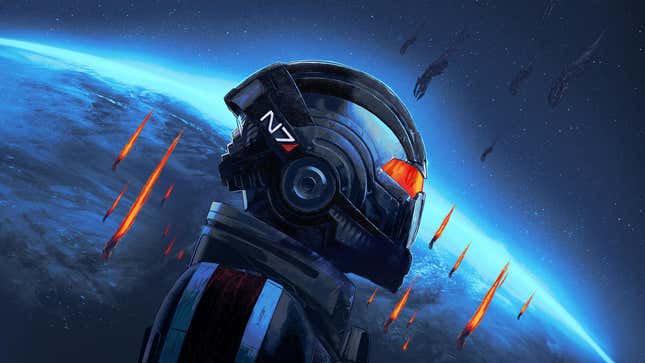 The helmeted visage of Commander Shepard, as seen on the cover art of Mass Effect's Legendary Edition re-release.