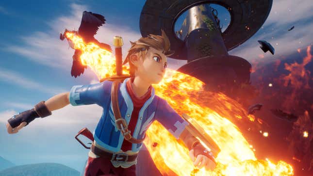 An image from Oceanhorn 2 depicting protagonist Hero running away from a fire-breathing dragon in the sky.