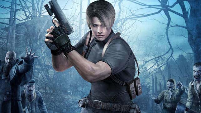 Leon standing in the woods, surrounded by enemies while holding a pistol. 