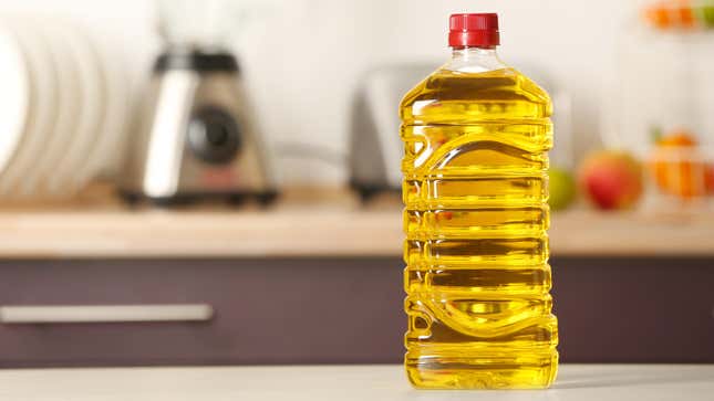 Bottle of cooking oil on a kitchen counter