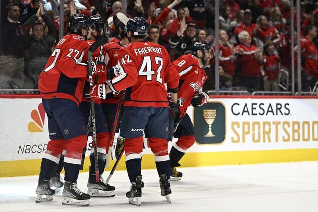 Mar 21, 2023; Washington, District of Columbia, USA; Washington Capitals left wing Alex Ovechkin (8) reacts after scoring a goal against the Columbus Blue Jackets during the first period at Capital One Arena.