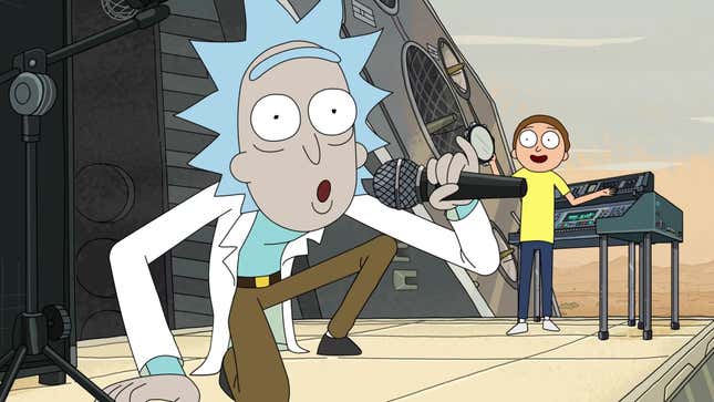 Rick and Morty perform a musical number for a giant talking alien head.