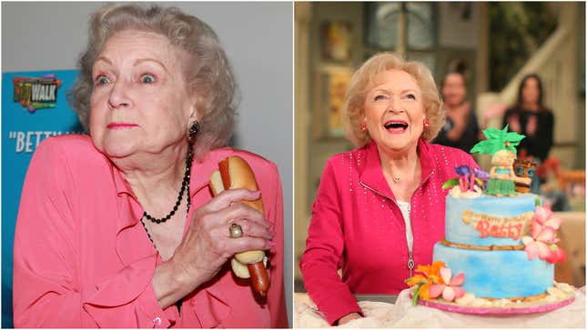 Betty White eating hot dog and posing with birthday cake