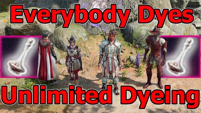 Tav, Shadowheart, Karlach, and Gale are shown in dyed armor with the text "Everybody Dyes Unlimited Dyeing" in a red font surrounding them.