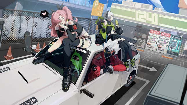 Key art for Zenless Zone Zero featuring characters lounging on top of a car in a gas station parking lot. 
