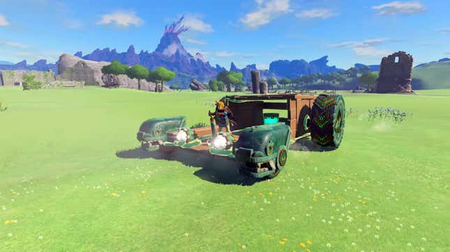 Link is swerving in his makeshift all-wheel drive while exploring Hyrule Kingdom in The Legend of Zelda: Tears of the Kingdom.