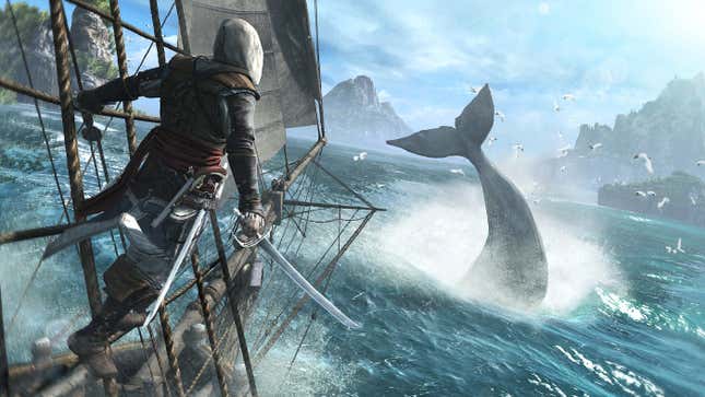 An assassin watches a whale dive into the sea while sailing.