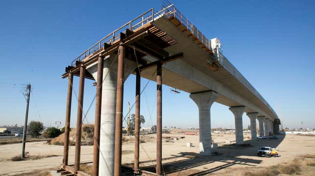 A segment of the high speed rail line under construction in Fresno, California.