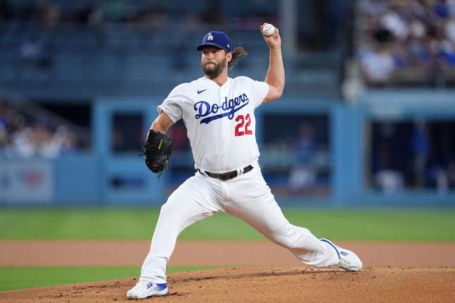 August 29, 2023;  Los Angeles, California, United States;  Los Angeles Dodgers starting pitcher Clayton Kershaw (22) pitches in the first inning against the Arizona Diamondbacks at Dodger Stadium.
