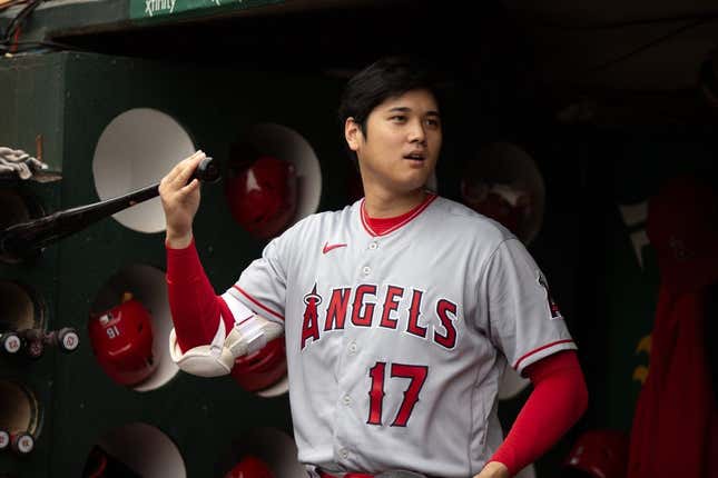 Sep 2, 2023; Oakland, California, USA; Los Angeles Angels designated hitter Shohei Ohtani (17) prepares for a game against the Oakland Athletics at Oakland-Alameda County Coliseum.