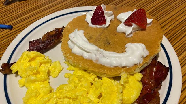The Happy Face pancake at IHOP may look a bit like a pancake demon, but my kid gobbled it up. 