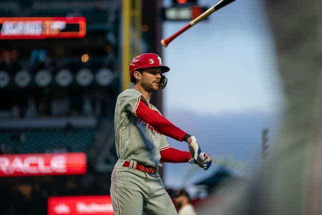 May 15, 2023; San Francisco, California, USA;  Philadelphia Phillies shortstop Trea Turner (7) reacts after striking out against the San Francisco Giants during the fifth inning at Oracle Park.