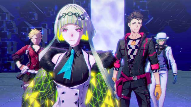The Devil Summoners stand in a row in front of a portal into a cube-like dimension while wearing bright and fashionable clothes.