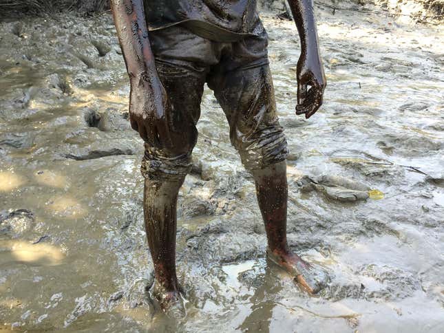 “We try to take off as much as we can with mud. Then we go home and clean ourselves with kerosene.”
