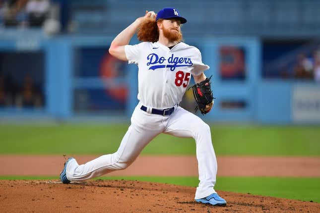 May 12, 2023; Los Angeles, California, USA; Los Angeles Dodgers starting pitcher Dustin May (85) throws against the San Diego Padres during the second inning at Dodger Stadium.