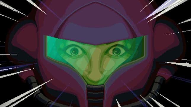A screenshot from the Prime 2D Metroid fan project showing a close-up shot of a surprised Samus. 