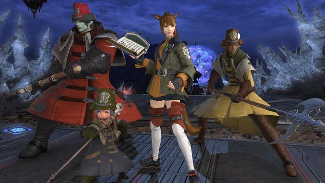 Image of Final Fantasy XIV characters posing with weapons against a dark blue sky. There is a tall, pale character with animal ears, a tan character with elven ears, a small character with a top hat, and a large male character with a red jacket and turquoise skin.
