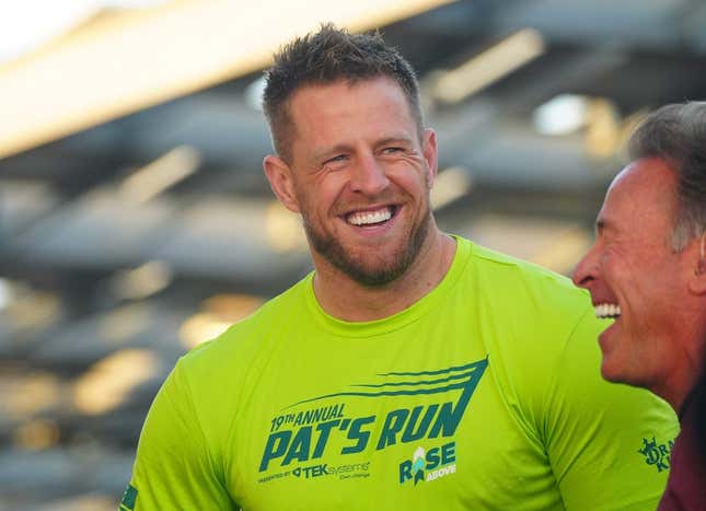Former Arizona Cardinals defensive end J.J. Watt speaks with the press during Pat s Run 2023 outside Sun Devil Stadium in Tempe. Running Pat S Run J J Watt