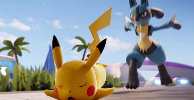 Pikachu trips while fighting Lucario in Pokémon Unite.