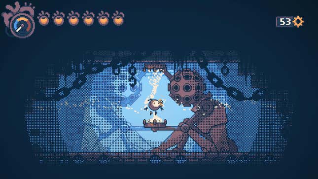 Haiku receives a new ability, in a very deliberate nod to Metroid, with a sat down dead robot holding out its hands.
