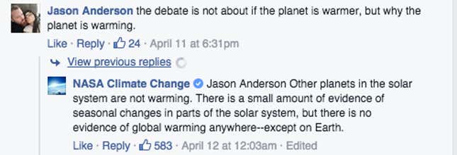 Image for article titled “Do not misrepresent NASA”: The US space agency strikes back at climate change deniers on Facebook