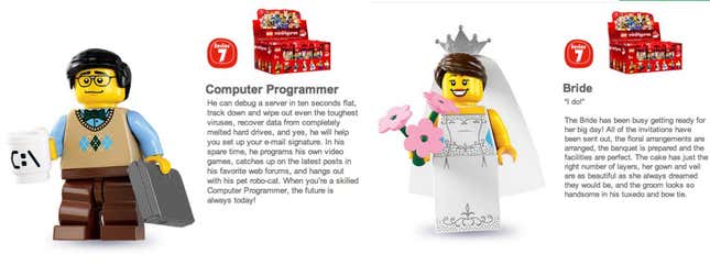 “Computer Programmer” and “Bride” came in the same 16-minifigure Lego series.