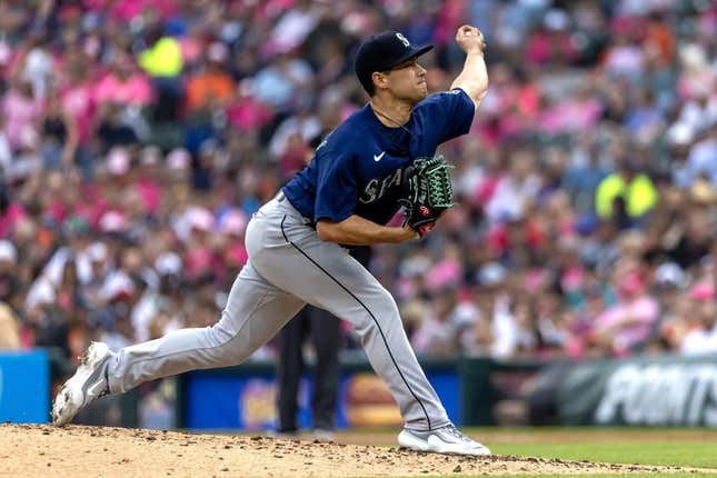 May 12, 2023; Detroit, Michigan, USA; Seattle Mariners starting pitcher Marco Gonzales (7) pitches in the fourth inning against the Detroit Tigers at Comerica Park.
