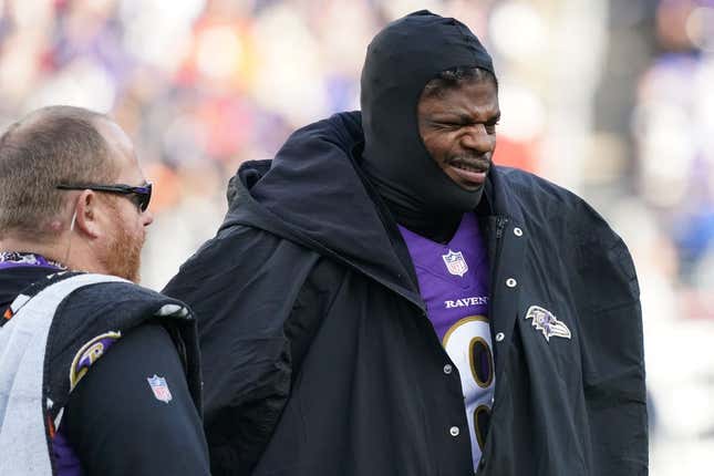 Dec 4, 2022; Baltimore, Maryland, USA; Baltimore Ravens quarterback Lamar Jackson (8) reacts on the sideline in the second quarter after being sacked against the Denver Broncos at M&amp;amp;T Bank Stadium.