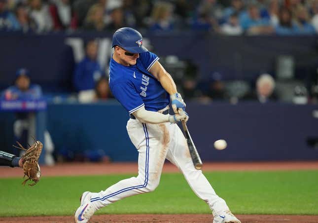 Apr 28, 2023; Toronto, Ontario, CAN; Toronto Blue Jays third baseman Matt Chapman (26) hits a double against the Seattle Mariners during the third inning at Rogers Centre.