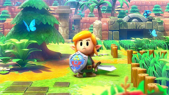 Link from Link's Awakening looks out upon a claymation world full of eShop deals.