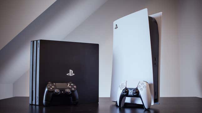 a playstation 4 and a playstation 5 on a brown table in a white room