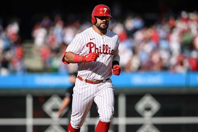Aug 8, 2023; Philadelphia, Pennsylvania, USA;  Philadelphia Phillies left fielder Kyle Schwarber (12) rounds the bases after hitting a three run home run in the fourth inning against the Washington Nationals at Citizens Bank Park.The Phillies won 8-4.
