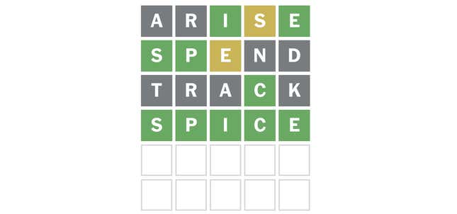 Wordle board: ARISE (green I and E, yellow S); SPEND (green S and P, yellow E); TRACK (green C); SPICE (all green, solved)