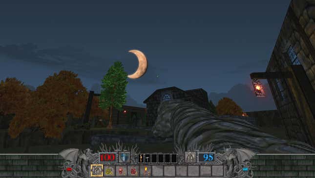 A crescent moon rises over a town in Hands Of Necromancy, as my golem fist punches.