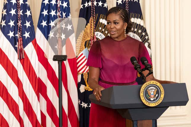 Former First Lady Michelle Obama delivers remarks at a ceremony to unveil the Obama’s official White House portraits at the White House on September 7, 2022 in Washington, DC. 