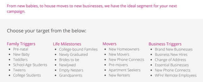 A sample listing from one data broker offering advertising access to “pre-natal” audiences, along with moms of newborns and toddlers.