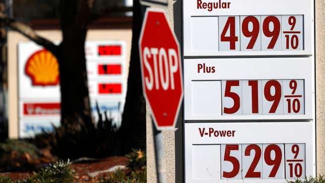 Gas prices over $5 per gallon are displayed at a gas station in Hercules, California.