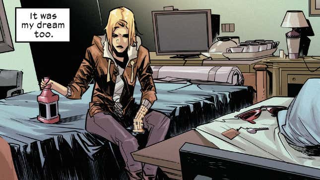 The X-Men's former ally Moira MacTaggert sits in a motel room nursing a bottle of whiskey.