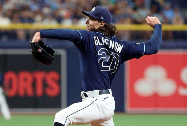May 27, 2023; St. Petersburg, Florida, USA; Tampa Bay Rays starting pitcher Tyler Glasnow (20) throws a pitch during the second inning against the Los Angeles Dodgers at Tropicana Field.