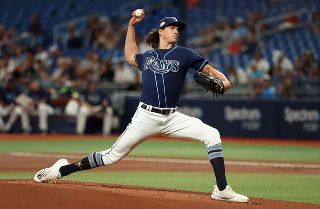 Sep 6, 2023; St. Petersburg, Florida, USA;  Tampa Bay Rays starting pitcher Tyler Glasnow (20) throws a pitch against the Boston Red Sox during the first inning at Tropicana Field.