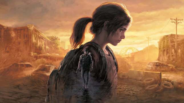 Ellie from Last of Us looks out at wasteland. 