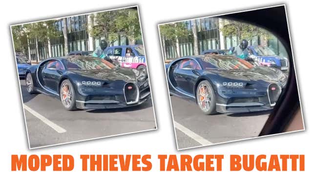 Two screenshots showing a moped rider attacking a Bugatti in London. 