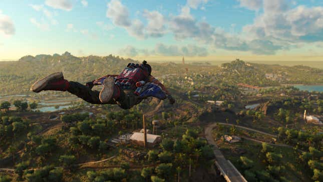Dani flies above Yara in a wingsuit in Far Cry 6.