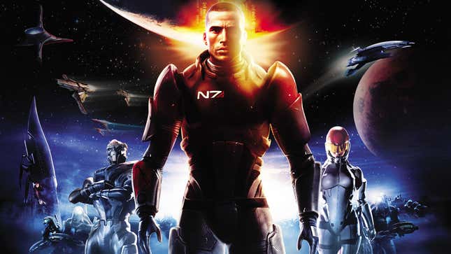The cover art for the original Mass Effect, depicting the default male version of Commander Shepard. It would take until Mass Effect 3 for Bioware to include a “canon” version of the female Shepard on the box, but only as a reversible cover option.
