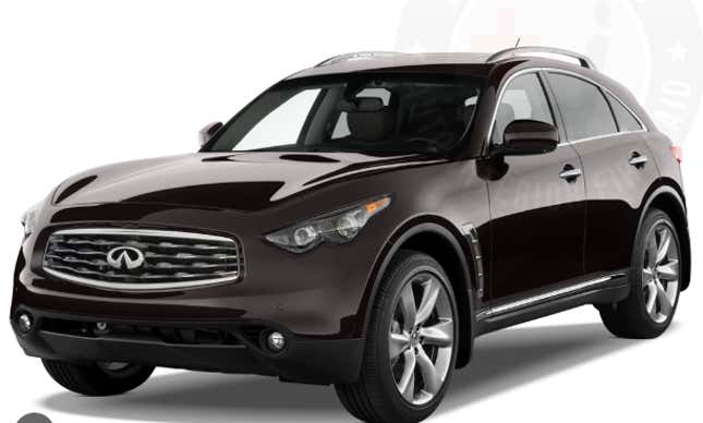 A brown/black Infiniti FX35 is parked in front of a white background.