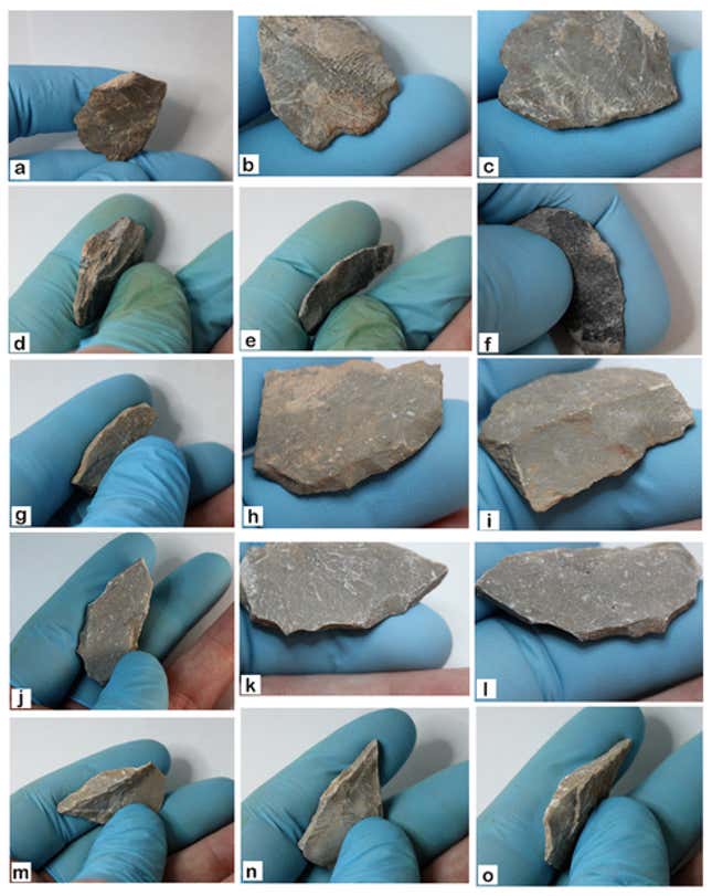Aparentes herramientas de piedra reunidas en la Cueva de Chiquihuite
