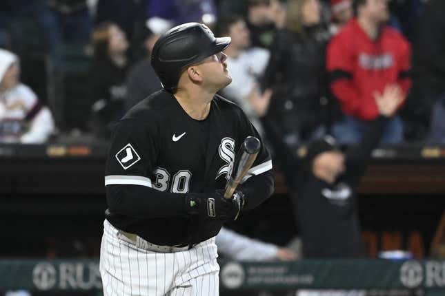 May 17, 2023; Chicago, Illinois, USA;  Chicago White Sox third baseman Jake Burger (30) hits a two-run home run against the Cleveland Guardians during the fourth inning at Guaranteed Rate Field.