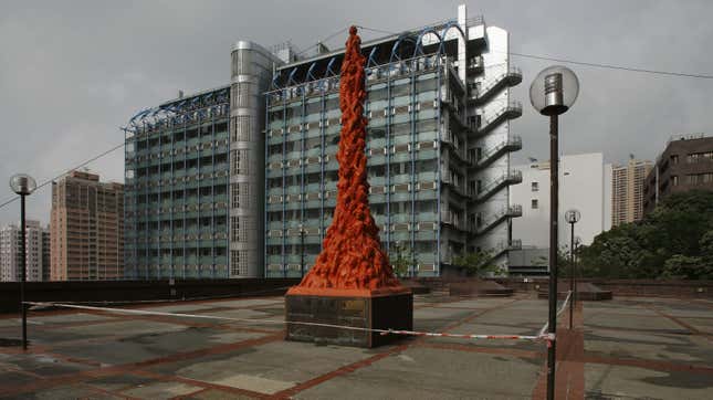 "Pillar of Shame -- A memorial for Tiananmen" by Danish artist Jens Galschiot is displayed at the University of Hong Kong May 26, 2009, on the tenth day count-down to the 20th anniversary of the June 4th military crackdown on pro-democracy protesters in Beijing's Tiananmen Square in 1989.