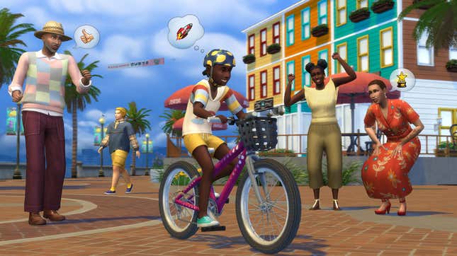 A screenshot from The Sims 4 Growing Together Expansion Pack shows others cheering on a child riding a bike.