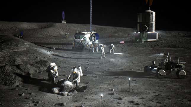 An illustration of astronauts on the lunar south pole.